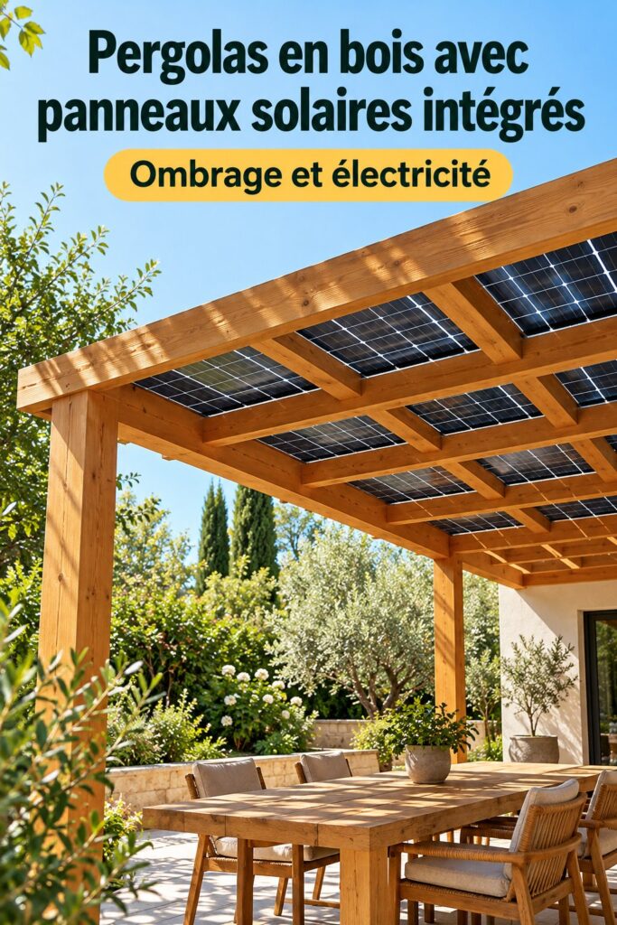 Pergola en bois avec panneaux solaires intégrés dans un jardin